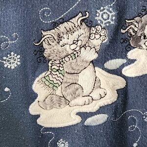 Y2K Cottagecore Cat Sweatshirt Vintage 90s Blue Embroidered Winter Pullover Sz S